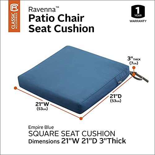 Classic Accessories Ravenna Water-Resistant 21 x 21 x 3 Inch Patio Seat Cushion, Empire Blue, Chair Seat Cushion - Thumbnail 3
