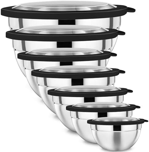 P&P CHEF Mixing Bowl with Lid Set of 7, Stainless Steel Nesting Salad Bowls for Cooking Serving Prepping, Clear Lids & Stackable Design, Size 4.6, 3.5, 3, 2, 1.5, 1, 0.7 Qt - Black