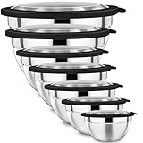 P&P CHEF Mixing Bowl with Lid Set of 7, Stainless Steel Nesting Salad Bowls for Cooking Serving Prepping, Clear Lids & Stackable Design, Size 4.6, 3.5, 3, 2, 1.5, 1, 0.7 Qt - Black