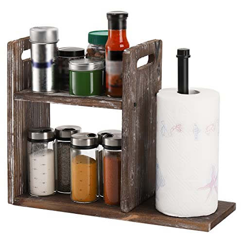 Okllen Industrial Paper Towel Holder with 2 Tier Spice Rack Organizer, Wooden Rustic Paper Towel Roll Stand Spice Shelves for Kitchen Counter Storage, Farmhouse, Restroom Okllen Industrial Paper Towel Holder with 2 Tier Spice Rack Organizer, Wooden Rustic Paper Towel Roll Stand Spice Shelves for Kitchen Counter Storage, Farmhouse, Restroom