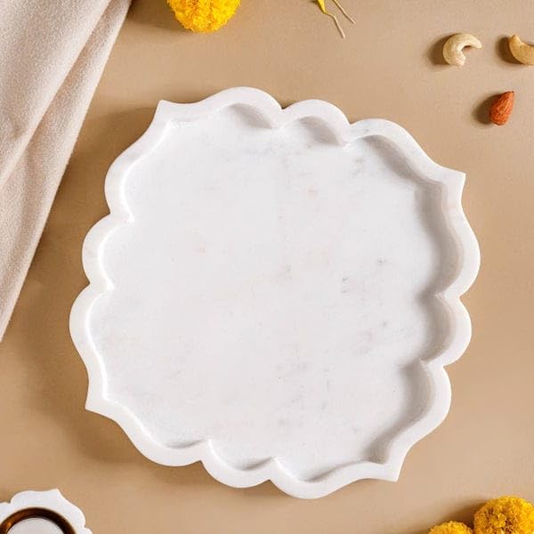 Image of B R & Sons Elegant Floral Design White Marble Serving Tray - Decorative Platter for Home Decor, Cheese Board, Dessert & Snacks - Handmade in India 8x8 Inches (White, Square Mehrab)