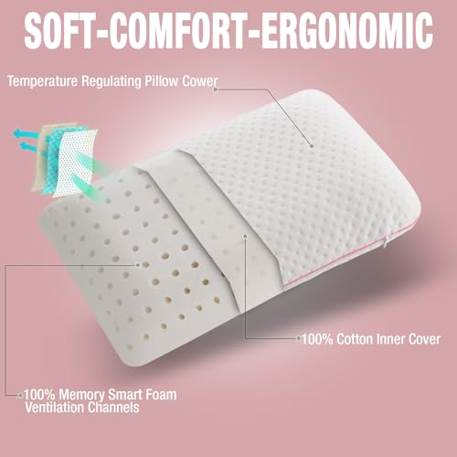 Image of alkamto Travel & Camping Comfortable Memory Foam Pillow - Easy to Carry Portable Bag - Temperature Regulating Pillow Case (Pink + Extra Cover)