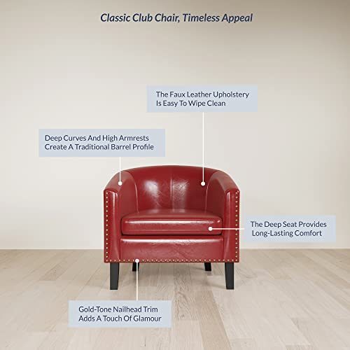 Image of BELLEZE Accent Barrel Chairs Set of 2, Modern Tub Club Chairs Upholstered Armchairs for Living Room, Faux Leather Chairs with Gold Nail Head Trim Black Legs - Kyara (Red)
