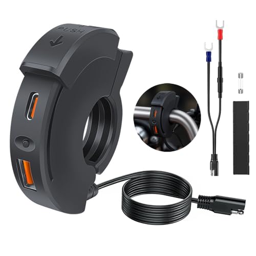KEEDIN Motorcycle USB Charger, 30W PD + 18W QC3.0, Ultra-Thin Waterproof Dual Port Type-C& USB-A Fast Charger, SAE to USB Adapter for Phone/Tablet/GPS, Compatible with 12V-24V Motorcycles, ATVs, Boats
