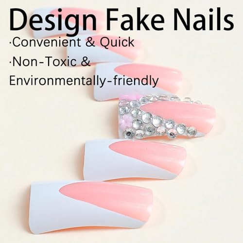 Image of Diamond Press on Nails White French Tip Fake Nails Medium Square False Nails Flower Glue on Nails Reusable Artificial Acrylic Full Cover Stick on Nails Spring Summer Nails Decoration 24Pcs