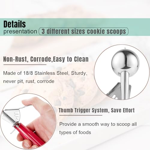 Saebye Cookie Scoop Set, Ice Cream Scoop Set, Cookie Scoops for Baking, Multiple Size Large-Medium-Small Size Disher, Professional 18/8 Stainless Steel Cupcake Scoop