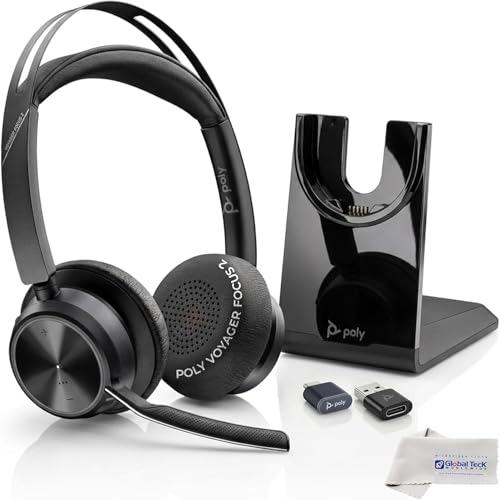 Image of Plantronics Poly Voyager Focus 2 UC Bluetooth Headset with Charging Stand, USB-C /A Adapters, Connects to Teams, Zoom and Phone Calls on Laptops PC /Mac and Cellphones, Enhances Audio, GTW Cloth