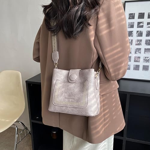 Image of Women Vintage Crossbody Shoulder Bag Pu Leather Bucket Hobo Bag Multipockets Handbag Purse with Guitar Strap