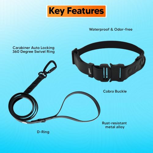 Image of Adil's Biothane Waterproof Dog Collar, Dog Leash & Collar Leash Combo | Heavy Duty TPU Coated Webbing | Adjustable Quick Release Buckle | Odour Resistant (Black, L-22, Collar & Leash Combo)