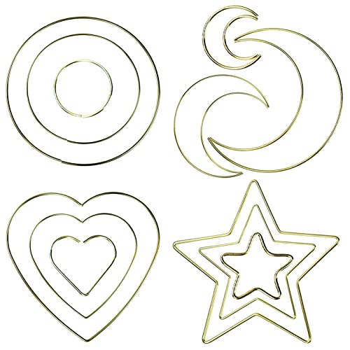 12 Pieces Metal Hoop Rings for Dream Catcher Making, Moon, Star, Heart, Circle Gold Macrame Hoop for Wedding Wreath Decor, DIY Wall Hanging Crafts (2 inch, 4 inch, 6 inch)