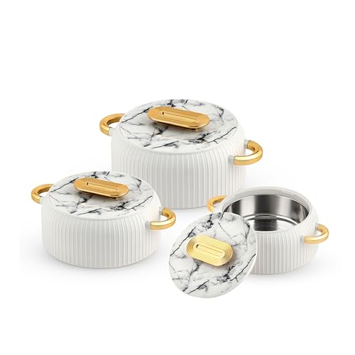 Image of CELLO Castella Insulated Steel Casserole Set of 3 Pcs (1000ml, 1000ml, 1500ml) Gold White | Airtight Lid Hot Pot Case Keeps Food Hot & Warm for Long Hours, Casserole Set for Roti Chapati Rice Biryani