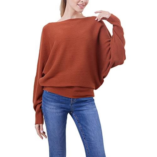 Image of Blostirno Women's Boat Neck Batwing Sleeves Dolman Ribbed Knitted Sweaters Pullovers Tops