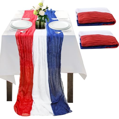 2PCS 4th of July Cheesecloth Table Runner, Vintage Red White and Blue Table Runner for 250 Anniversary USA Patriotic Memorial Day Independence Day Veterans Party Decoration for Indoor Outdoor 118Inch