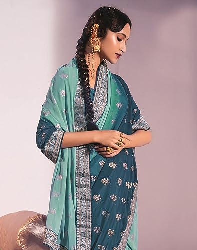 Image of SIRIL Women's Lace & Foil Printed Georgette Saree with Unstitched Blouse Piece(2826S477 Teal, Turquoise Green)