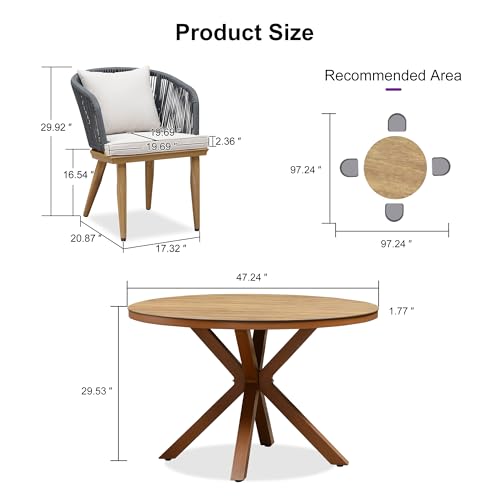 Image of PURPLE LEAF 5 Pieces Patio Dining Set Wicker Outdoor Furniture Oversize Round Table and Chairs Set for Garden Deck Teak-Finish Aluminum Frame Backyard Kitchen Set, Cushions and Pillows Included