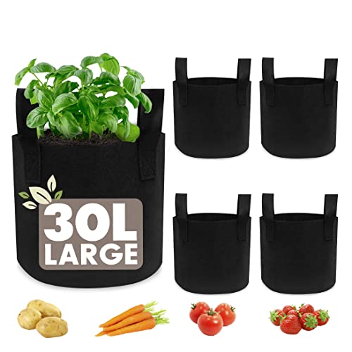 5x Bolsas de Plantación No Tejidas y Respirables - 30L - Negro - Ansas Sólidas - Bolsas de Tela, Bolsas de Cultivo, Macetas de Aireación Hidropónica - Hortalizas, Frutas, Flores, Berenjenas, Pepinos Cover