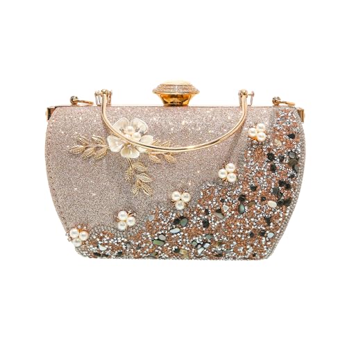 Women's Luxury Crystal Rhinestone Diamond Pearl Metallic Flower Evening Wedding Handbag