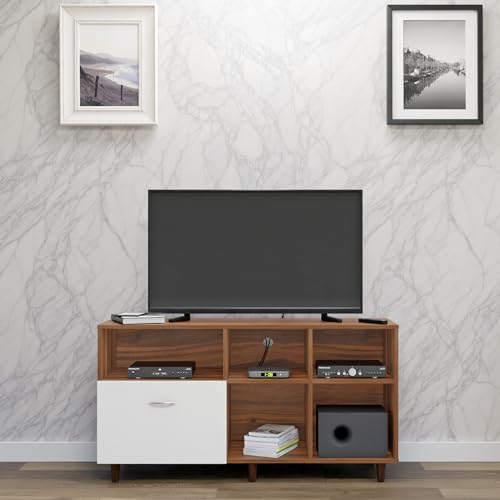Image of VIKI Modern TV Unit for Living Room | Engineered Wood TV Cabinet with 1 Drawer Storage & 3 Open Shelves,Entertainment Unit, 140W x 74H x 40D cm | DIY | 1 Year Warranty (Walnut & White)