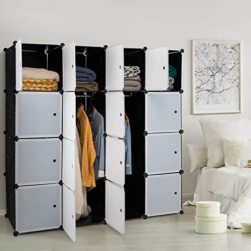 CASART Foldable Closets, Portable 6/12/16/20/30 Cubes DIY Storage Modular, Space Saving Plastic Storage Organizer for Clothes, Books, Shoes, Toys(16 Cubes with Doors & 2 Hangers, Black+White)
