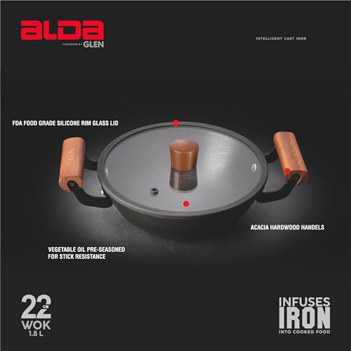 Image of Alda Ironiq Cast Iron Wok 22cm with Lid & Dual Wooden Handles | Pre-Seasoned Kadai | Naturally Non-Stick Heavy Duty Cookware | No Coating No Enamel | Induction & Gas Stove Compatible
