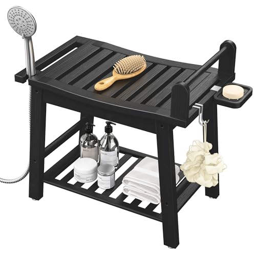 Bamboo Shower Benches for Inside Shower to Sit on 2-Tier Shower Stool Waterproof with Arm Heavy Duty Bathroom Bench with Storage Shelf and Shower Header Holder for Seniors Disabled Women Black