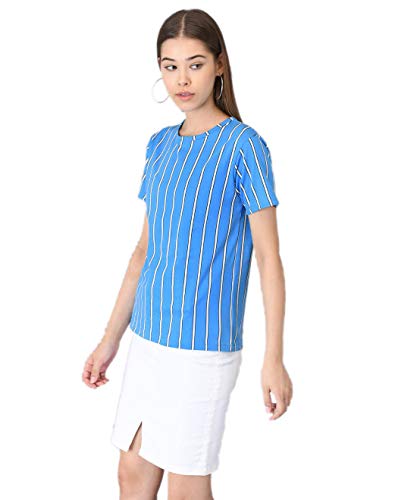 Image of KOTTY Blue Striped Cotton Women T-Shirt