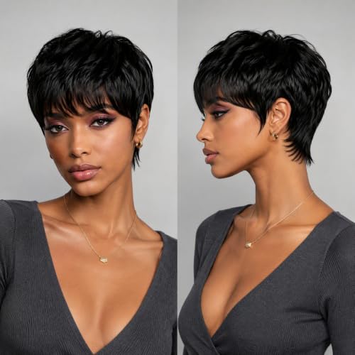 Evasens Pixie Cut Wig Human Hair Pixie Cut Wigs with Bangs Layered Style Glueless Pixie Wig Short Layered Human Hair Wigs for Black Women Full Machine Made for daily use 1B