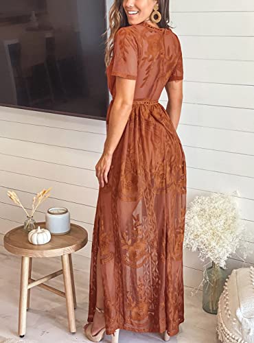 Eleter Women's Deep V-Neck Lace Romper Short Sleeve Long Dress3