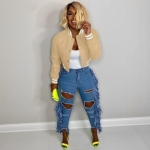 Image of Mintsnow Womens Varsity Jacket Long Sleeve Button Down Bomber Jackets Casual Baseball Uniform Streetwear