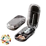 Tragbarer Tablettenteiler 1/4 und 1/2, Verstellbarer Tablettenschneider mit Aufbewahrungsfach für Alle Tabletten, Tablettenteiler Aus Edelstahl für Schneiden Mehrerer Pillen (Schwarz-1/2)