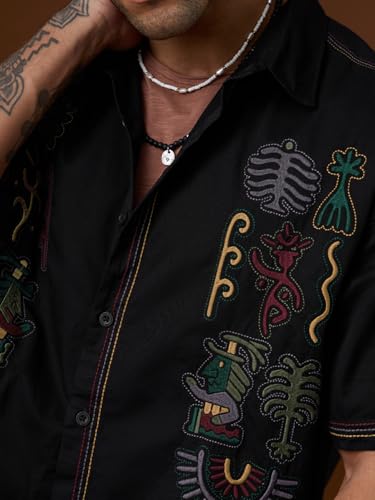 Image of The Souled Store Nomad: Tribe Men and Boys Short Sleeve Cuban Collar Black Embroidered Casual Drop Shoulder Trendy Streetwear Lightweight Cotton Oversized Shirt