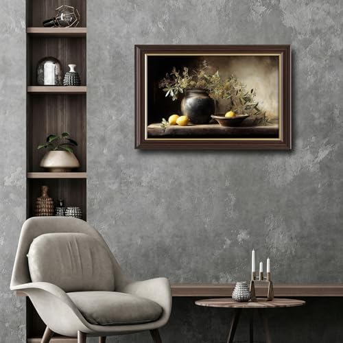 Image of Framed Vintage Lemon Still Life Canvas Wall Art, Rustic Pottery Vase with Olive Branches Canvas Prints Pictures, Farmhouse Kitchen Wall Decor for Living Room Bedroom Dining Room