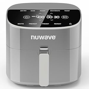 Nuwave Brio Plus 8 Qt Air Fryer, PFAS Free, New & Improved, Digital Touch Screen, Cool White Display, 50°F~400°F in Precise 5°, 5 Cook Functions, 100 Presets & 50 Memory, 3 Wattages 700, 1500, 1800