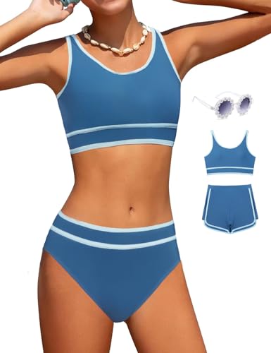 Image of Girls Swimsuits 3 Piece Bathing Suit Bikini Set with Sporty Shorts and Sunglasses Beach Swimwear for Girl 8-15 Years