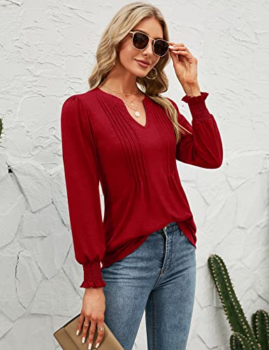 Micoson Womens Christmas Long Sleeve Fall Tops V Neck Pleated Puff Sleeve Tshirts With Smocked Cuffs Loose Casual Tunic Blouse Red L #TOP4