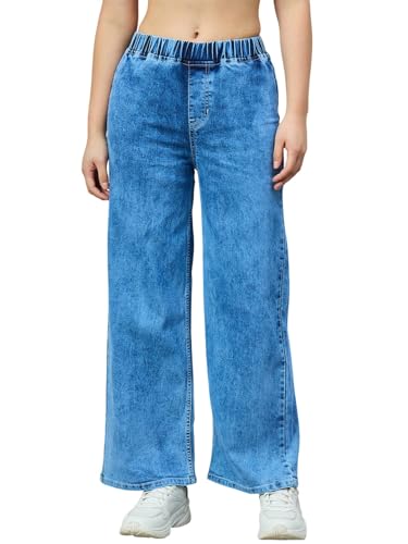 Jean bleu clair femme jambe large pantalon denim taille haute stretch