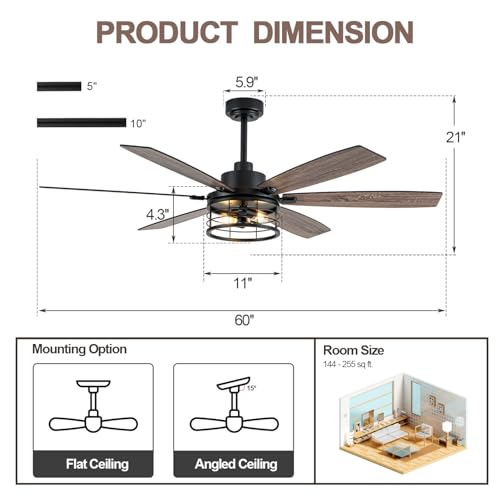 Image of 60 Inch Farmhouse Ceiling Fan with Light Black Rustic Ceiling Fan Quiet and Reversible DC Motor Caged Chandelier Fan for Living Room Bedroom