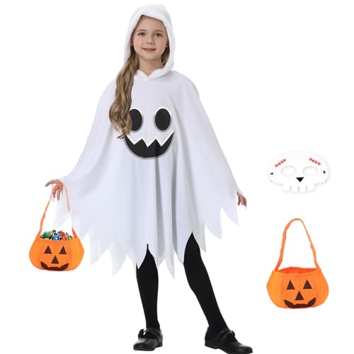 Leuchtendes Geister Kostüm Kinder - S/L - Halloween Gespenst Umhang 3-12 Jahre mit Kürbis Bag & Masken Handschuhe,Weiß Geist Kostüm Kinder für Jungen Mädchen Karneval Cosplay