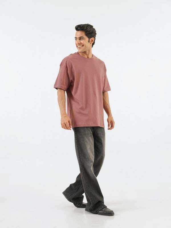 Image of SAADAA Men's Oversized Cotton T-Shirt | 210 GSM Heavyweight Fabric | Drop Shoulder | Dual Knit | Comfortable Casual Wear | Solid Colors
