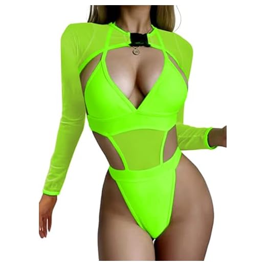 2 Piece Women Rave Outfits Neon Bodysuit Crop Top Long Swimsuits Mesh Shrug with Buckle for Festival Club Party(Green,L,1017e)