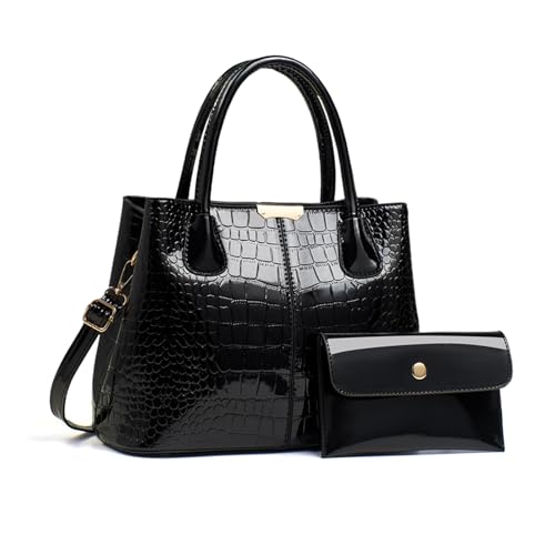 NICOLE & DORIS Sac à Main Femme Crocodile Sac Bandoulière Cuir Verni Sac a Main et Portefeuille Ensemble Sac Fourre Tout Sac D'épaule pour Travail Shopping Voyage Noir