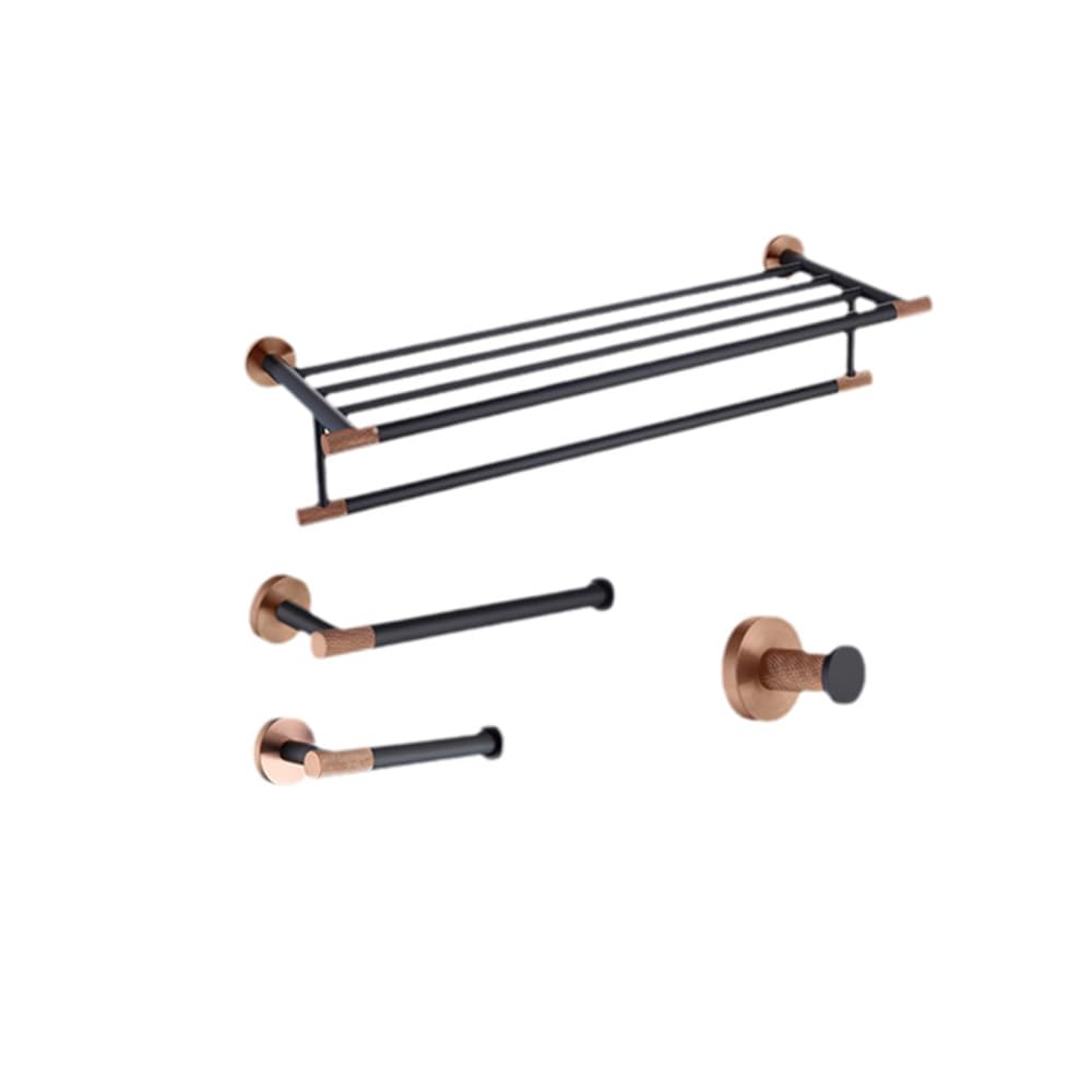 Moderno set di accessori da bagno in acciaio inox oro rosa e nero opaco, con porta asciugamani, porta rotolo di carta igienica e porta scopino, set da 4 pezzi per un elegante arredamento da bagno.