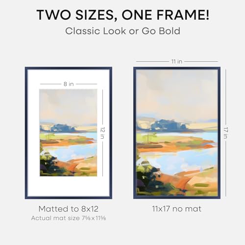 Image of Homeforia 11x17 Picture Frame Navy Blue, High End Metal 11x17 Poster Frames with Mat 8x12 Photo, 11 x 17 Navy Blue Frames Matted to 8 by 12 Print, 17x11 Thin Frames, Tempered Glass, Wall Kit, Set of 2