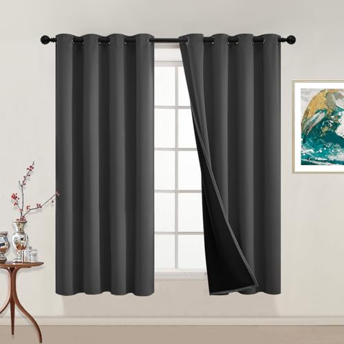 Image of Yakamok Charcoal Grey 100% Blackout Curtains 54 Inches Long 52 inch Wide 2 PCS | Blackout Curtain Panels for Bedroom, 2 Thick Layers Grommet Top Thermal Insulated Drapes with Black Liner for Living Room