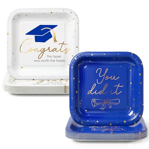 100pcs 2026 Graduation Party Decoration Plates Set 7 Square Disposable Graduation Paper Plates Class of 2026 Dessert Dinnerware Set for Congrats Grad Holiday Party Favors Decor Blue White
