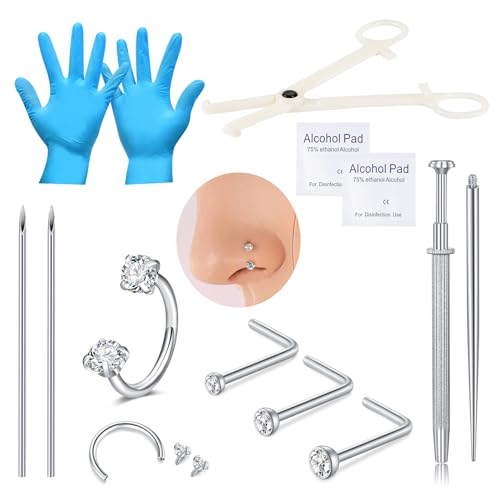 DJCIW Nose Septum Piercing Kit 18G Stainless Steel Piercing Needles with Piercing Clamp Tool and 20G Silver Nose Hoop Rings Professional Nose Piercing Kit Septum Piercing Kit Ear Piercing Kit