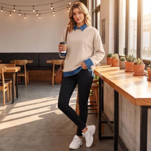 Womens Polo Shirts Button Denim Patchwork Collared Long Sleeve Tops - image 3