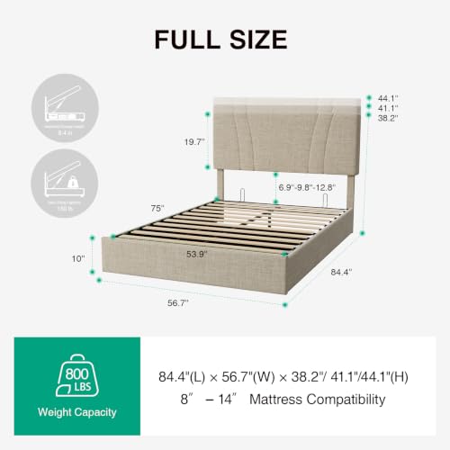 Image of Novilla Full Lift Up Storage Bed Frame /Charging Station /LED Light, Beige