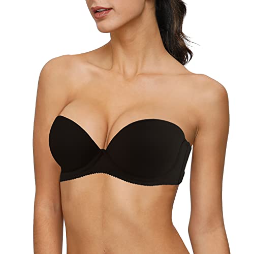 Yihi Women's Strapless Push Up Thick Padded Bra With Convertible Clear Straps Underwired Lift Up Supportive T-Shirt Bras Black 34B #TOP1