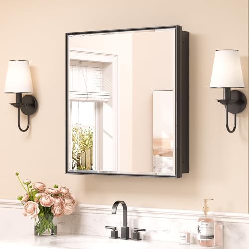 Image of Keonjinn 24 inch x 26 inch Black Medicine Cabinets Mirror, Wall Mount or in Wall